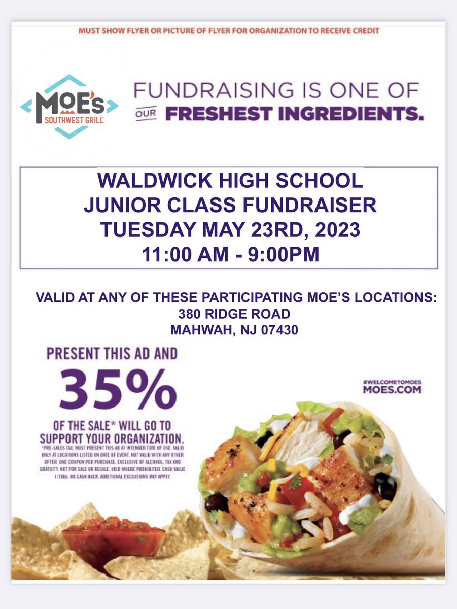 Moe’s  fundraiser tomorrow! If ordering online for pick up, put “For Waldwick Fundraiser” in the notes section and show this picture when picking up.
Thanks for the support!