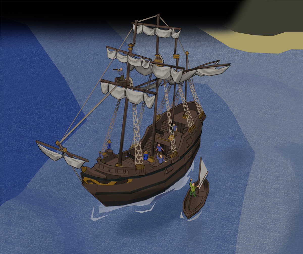JagexGrub's tweet image. It's been fun exploring what Sailing could be. 
Here we've a 'colossal' ship and a small boat interacting in the medium depth waters. Perhaps a trade, maybe the little guy's asking for directions, maybe even the smaller ship disembarked from the larger, to explore a nearby island