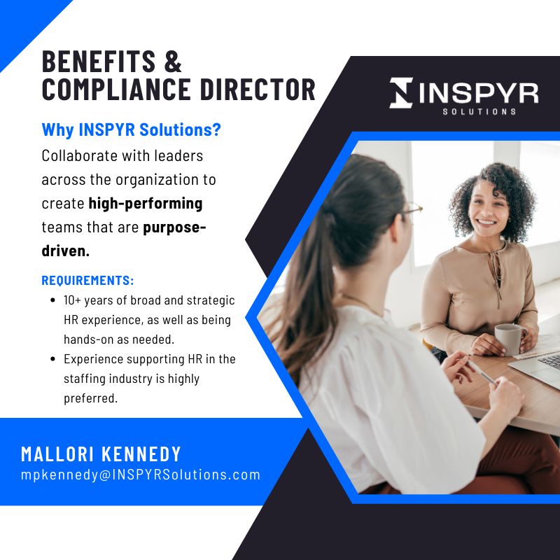 ProTaskInc's tweet image. We're hiring a Benefits & Compliance Director for @INSPYRSolution in Houston, TX! Are you IN? If you're interested, apply or get in touch with Mallori Kennedy at 954-607-1240 today: inspyrsolutions.com/job/benefits-a… #HRjobs #Houstonjobs #nowhiring