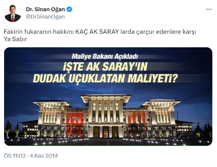 ArsivUnutmaz's tweet photo. Sinan Oğan: ''Fakirin fukaranın hakkını KAÇ AK SARAY larda çarçur edenlere karşı Ya Sabır''
(4 Kasım 2014) https://t.co/jBoqinKDis
