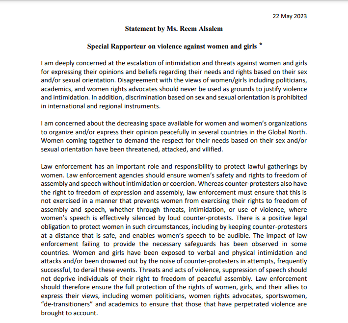 JoPhoenix1's tweet photo. BOOM!

Statement by the UN Special Rapporteur on Violence Against Women and Girls, Reem Alsalem. 

https://t.co/ViNl8vGrPT

It is unequivocal in condemning the silencing, harassment and failure to protect women and girls for raising questions about gender identity. https://t.co/TnT9YdQ2L1