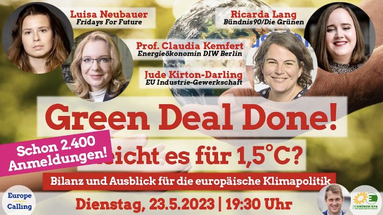 Green Deal Done ☝️

Das who is who der #Klimasekte, 
mit special guest:

 Jude Kirton-Darling 🤩

Für leckere Naschereien wird wie immer #RicardaLang sorgen 🤤