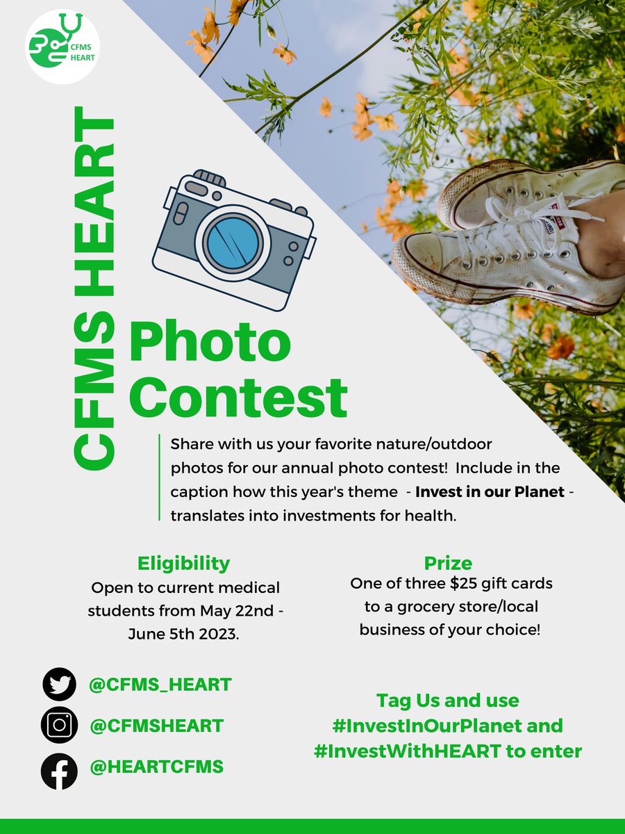 The CFMS HEART Annual Photo Contest is back! 📸 Post a nature photo between now and June 5th and tell us how #InvestInOurPlanet translates into investments for health. Don't forget to use #InvestInOurPlanet and #InvestWithHEART and tag us to enter!