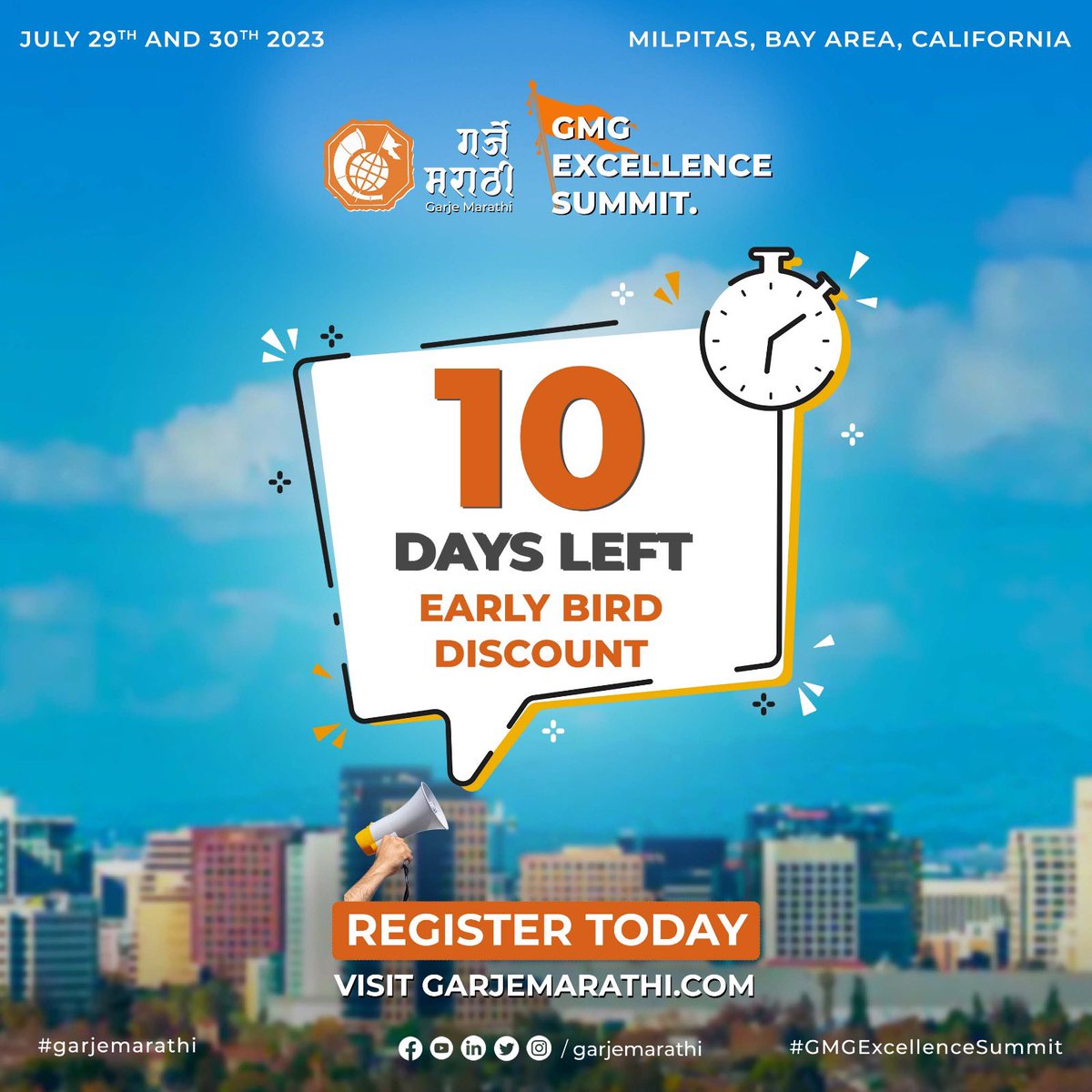 garjemarathi's tweet photo. कशाला उद्याची बात, बघ उडुनि चालली रात! ⏳ 
Book TODAY!  Early bird discount ends soon. 🕊️
Register Now - https://t.co/IHxYjmXHdW
29th &amp; 30th July - San Jose, California, USA. 
Do not miss this high-impact event!

 #ExcellenceSummit
#GarjeMarathi https://t.co/5XxEJvUPZn