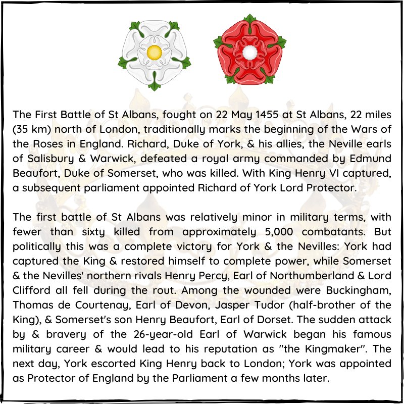 #otd 22 May 1455 – Start of the Wars of the Roses: At the First Battle of St Albans, Richard, Duke of York, defeats and captures King Henry VI of England.

#WarsoftheRoses #stalbans #history #onthisdayinhistory