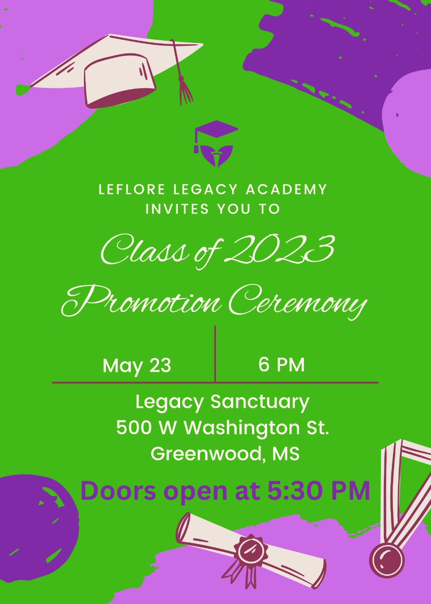 LefloreLegacy's tweet photo. On tomorrow night  we will celebrate our inaugural class on their educational accomplishments as they are now ready for the next chapter, high school! Join us in our sanctuary for a very special promotion ceremony.  Doors open at 5:30PM Ceremony starts at 6PM.  #LegacyProud https://t.co/g2Ho2yijuO
