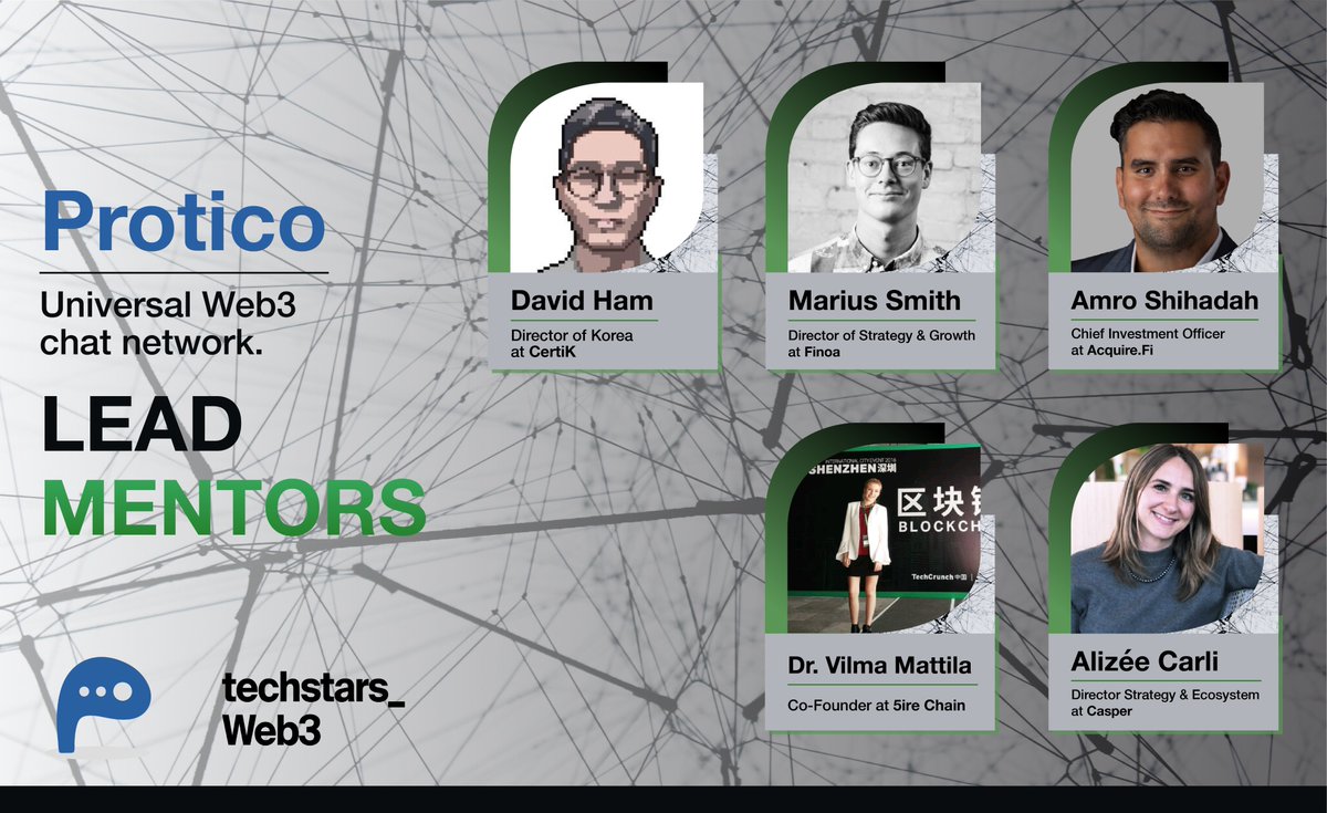 You have just gotten a taste of <a href="/protico_io/">Protico</a>, and we are excited to present to you the lead mentors who will be supporting <a href="/protico_io/">Protico</a> over the course of our Accelerator 🤩

Alizee Carli, <a href="/ashihadah/">Amro Shihadah</a>, <a href="/David_TH_Ham/">David Ham 💚 @ CertiK</a>, <a href="/mariuslsmith/">Marius Smith</a>, Vilma Mattila.

A huge thank you to all mentors👏🏻