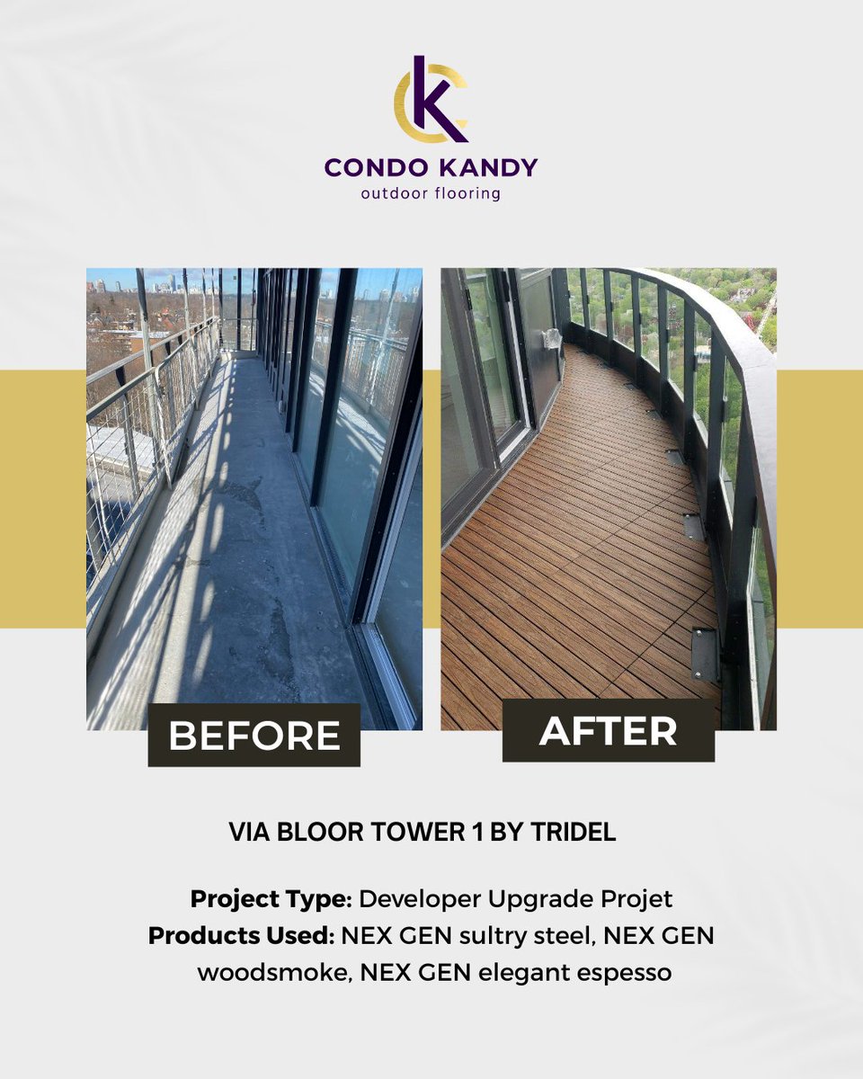 CondoKANDY's tweet image. Check out this developer upgrade project our team executed for Via Bloor Tower 1 by @tridel.
Contact Condo Kandy to get started on balcony flooring for your development project in Toronto. 
kandyoutdoorflooring.com/contact/ 
#TorontoFlooring #BalconyMakeover