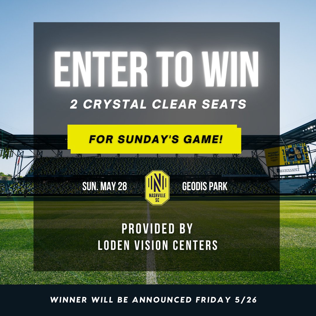 It's time for another Crystal Clear Seats Giveaway!🙌🏼⚽ ✨

We give away two amazing seats at every Nashville SC home game &amp; this could be YOUR chance to win! 🤩

Enter here: zurl.co/B4tt 

#NashvilleSoccerClub #giveaway #clearvision #NSC #NashvilleSC #lodenvision