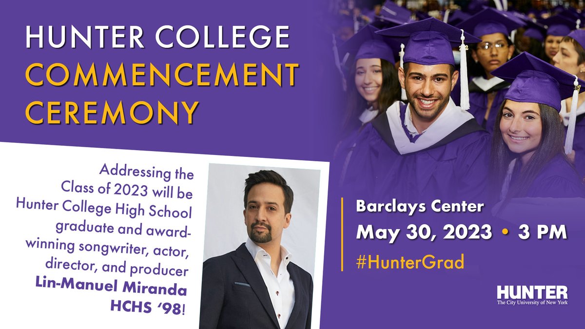 nyscfpresident's tweet photo. On May 30, @BarclaysCenter will quite literally be "the room where it happens," as award-winning singer, songwriter, &amp; HC Campus Schools alum @Lin_Manuel (ES ’92 HS ’98) addresses our graduating #Classof2023 at @Hunter_College's 226th Commencement Ceremony! #HunterGrad https://t.co/BtQ854CCJn