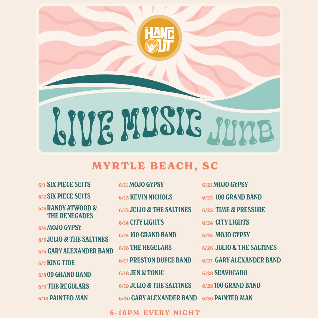thehangoutmb's tweet photo. JUNE'S FREE LIVE MUSIC 🤙🎶🎸
Join us at The Hangout for live music EVERY NIGHT from 6-10 p.m. in our courtyard on the largest stage in Myrtle Beach!!! https://t.co/resxbEzkzL