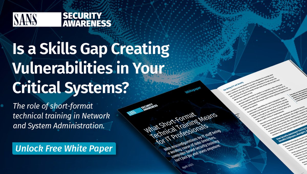 SANSWorkforce's tweet photo. ๐ As the skills gap widens, the cost of IT misconfigurations rises. Is this a risk your organization is willing to take?
โก๏ธ Gain access to white paper to close the gap, once and for all: https://t.co/UD5OvJuFE8
#SecureTheSystems https://t.co/cJLZAek26s