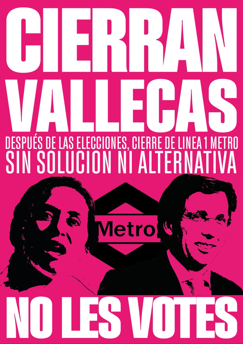 ¿Sabes que justo cuando pasen las elecciones estos dos van a cerrar el barrio?

Cortan la línea 1 otra vez, odian Vallekas y son unos incompetentes. 

¡No les votes! Vota por quienes tienen en cuenta Vallekas.