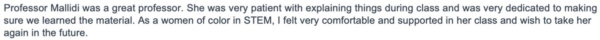 valli_mallidi's tweet photo. It can be tough to objectively look at  course evaluations, especially when we pour so much effort into  teaching. However messages like this fill me with an immense  sense of inspiration and motivation to strive to do better! #JuniorFacultyJourney #InspiredToExcel https://t.co/1iPUMcwHix