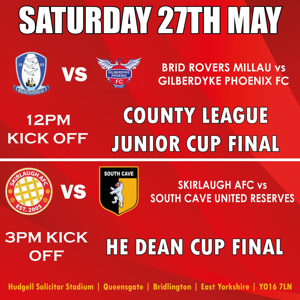 Our final games before refurbishment on the Queensgate pitch, this Saturday sees us host another two <a href="/ERCountyLeague/">E R County League</a> Cup Finals!

🔴⚪
#YourTownYourTeam