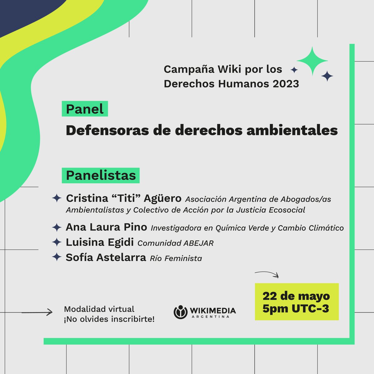 wikimedia_ar's tweet photo. 🌎✊🏽 #WikiDDHH Convocamos a defensoras de derechos ambientales a que nos cuenten sus recorridos y experiencias.
✍️🏽Para escucharlas, inscribite acá: https://t.co/Bt5aD4dgWv https://t.co/EluEV09t70