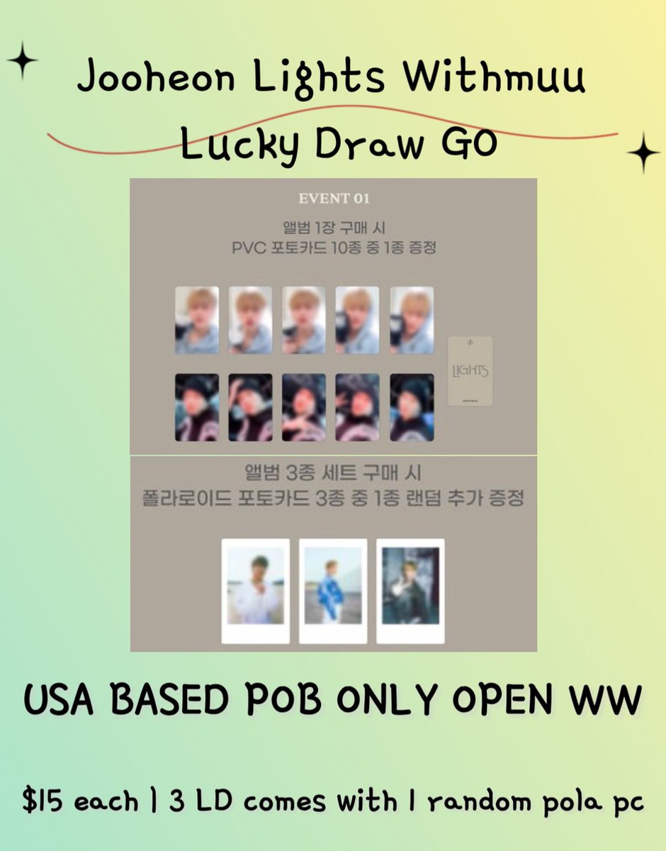celwonkyun's tweet photo. [USA/WW] JOOHEON LIGHTS WITHMUU LUCKY DRAW GO

Info:
- 3 payments 
- full sets have priority in sorting
- $15 each

Deadline 5/26 9 pm pst

Thank you for considering my GO! Please share if you can ✨

Form: https://t.co/I6uMgZX4Iw

#monstax #JOOHONEY_LIGHTS #JOOHONEY #mxwts https://t.co/Oqsl1Z7JcQ