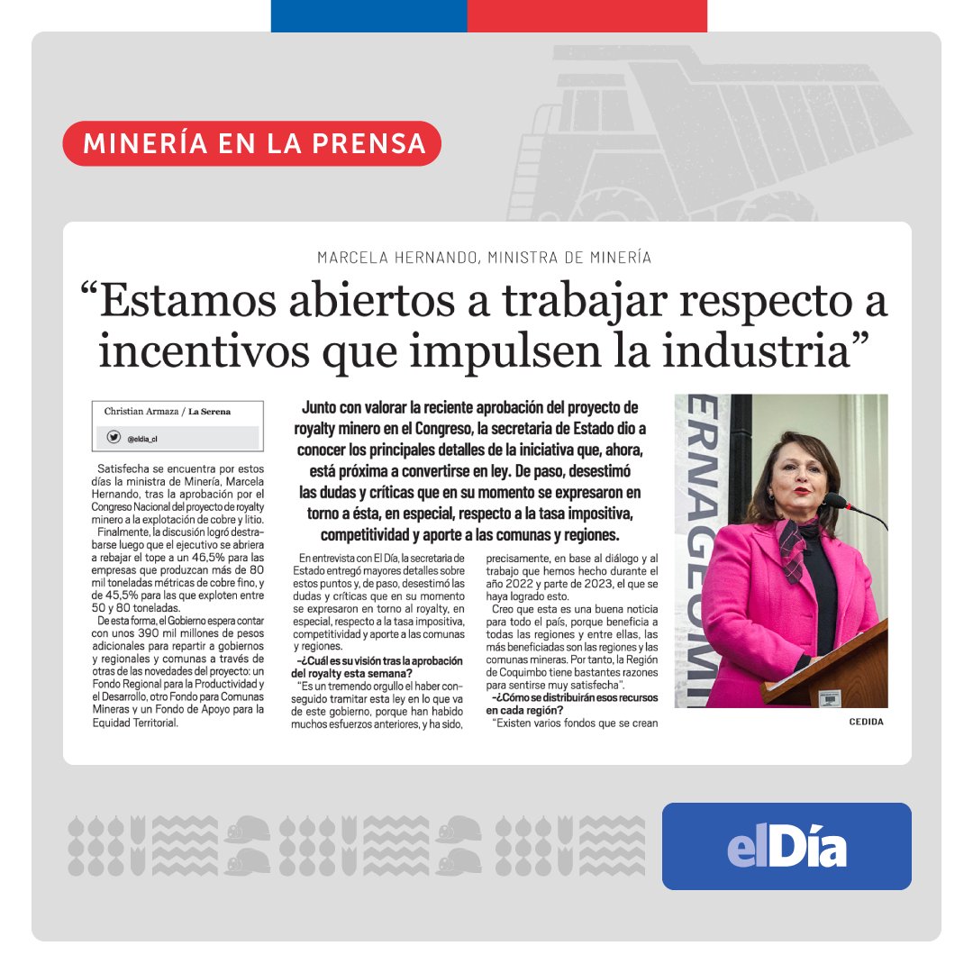 Ministerio de Minería: #AgendaMinería | Ministra @MarcelaHernando conversó con Diario @eldia_cl, para abordar la aprobación del proyecto de Royalty Minero y sus beneficios al desarrollo de las regiones del país.

Accede a la nota completa en: …