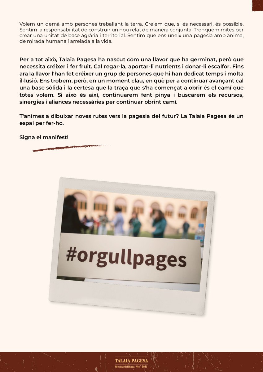 talaiapagesa's tweet photo. Si teniu ganes d'activar la transformació des de la vostra activitat #pagesa, us demanem que expresseu el vostre suport signant el 📜Manifest Fundacional de la Talaia Pagesa 📜 en aquest enllaç https://t.co/TLeG4IlHJK
⬇️⬇️ https://t.co/TyxO6x43El