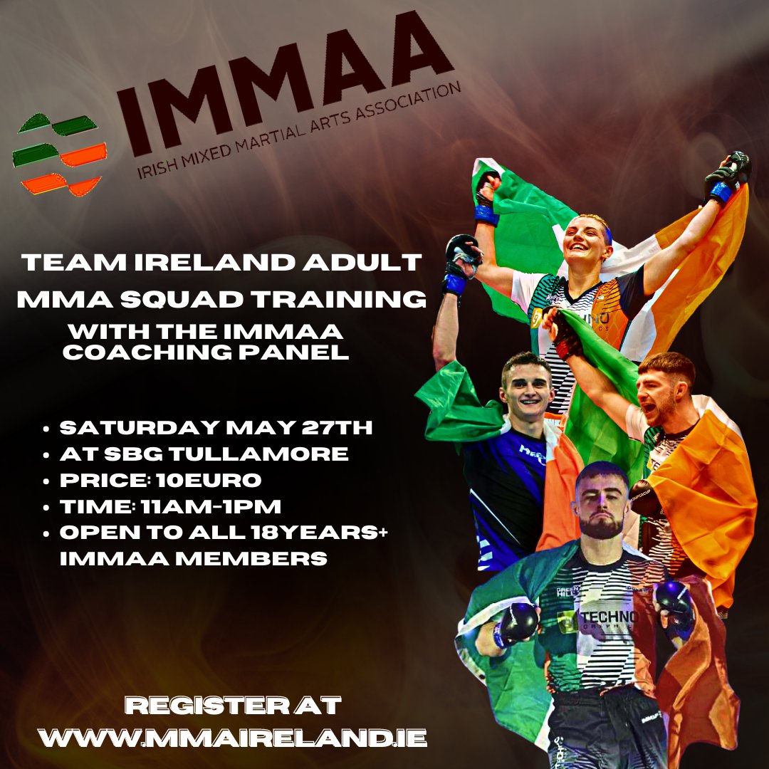 Register now for the upcoming Team Ireland Adult MMA Squad Training Session through the link below ⬇️
mmaireland.ie/2023/04/27/tea…

#mma #ufc #boxing #bjj #muaythai #kickboxing #jiujitsu #fitness #martialarts #wrestling #fight #grappling #training #karate #mmafighter #fighter #gym
