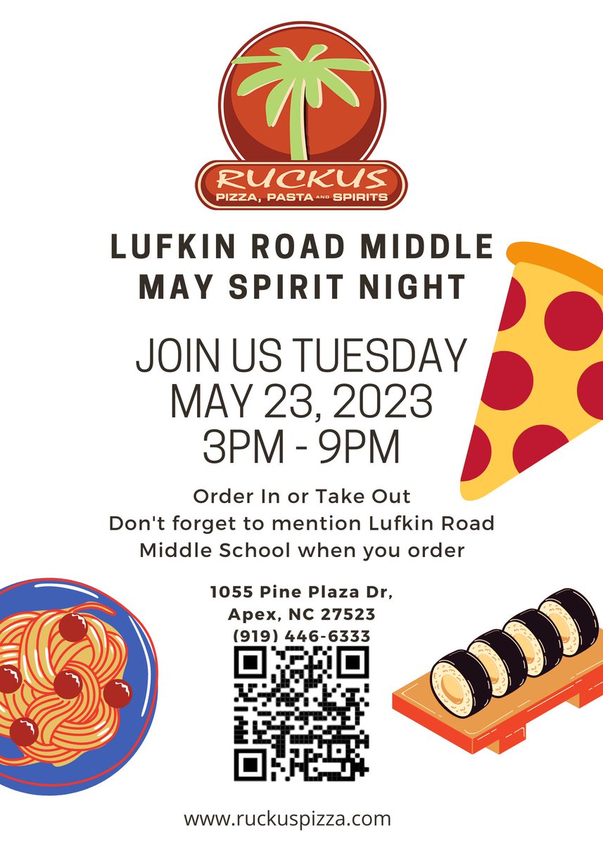 Lufkin Road Middle School PTA (@lufkinpta) on Twitter photo 🍕🍝🍕🍝🍕🍝🍕🍝🍕
Tuesday, May 23 -- Spirit Night at <a href="/RuckusPizza/">Ruckus Pizza</a>!
3-9 pm
<a href="/lufkintweets/">Lufkin Road Middle School</a> families and friends -- eat pizza, support Lufkin! Dine in or take out, your order will support our students and staff.
Thank you for your support!
🍕🍝🍕🍝🍕🍝🍕🍝🍕 🍕🍝🍕🍝🍕🍝🍕🍝🍕
Tuesday, May 23 -- Spirit Night at <a href="/RuckusPizza/">Ruckus Pizza</a>!
3-9 pm
<a href="/lufkintweets/">Lufkin Road Middle School</a> families and friends -- eat pizza, support Lufkin! Dine in or take out, your order will support our students and staff.
Thank you for your support!
🍕🍝🍕🍝🍕🍝🍕🍝🍕