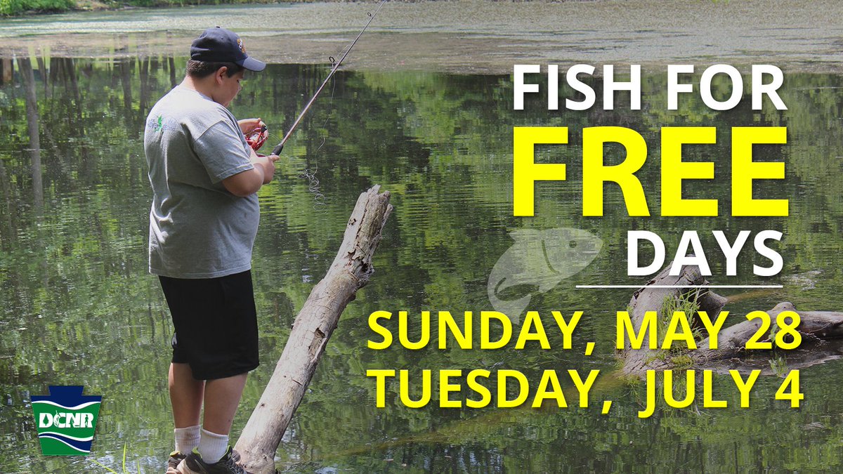 The first Fish-for-Free Day in PA for 2023 will be this Sunday, May 28. Fish-for-Free Days allow anyone to legally fish on PA waterways with no fishing license required. All other fishing regulations still apply. More info ➡️ bit.ly/3MqaOVz. #PaStateParks #PaStateForests