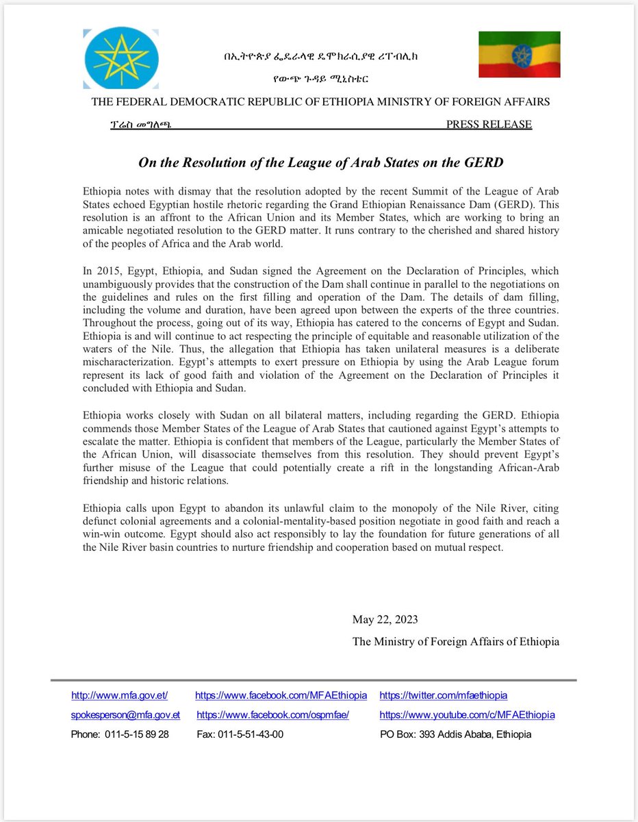 MFAEthiopia's tweet photo. Press Release on the Resolution of the League of Arab States on the #GERD https://t.co/lzZRdBAeqG