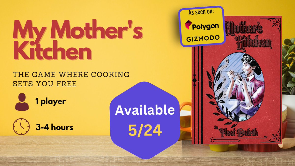 fleit_detrik's tweet photo. The moment we've all been waiting for... My Mother's Kitchen pdf will be available to buy on 5/24 on itch (Link second comment)
Get ready to join in on the game where your cookbook ghost must save your bloodline!
#kitchenghost #mmk #mymotherskitchen #ttrpg #sologame #zimo23 https://t.co/6zVS5AkEOM