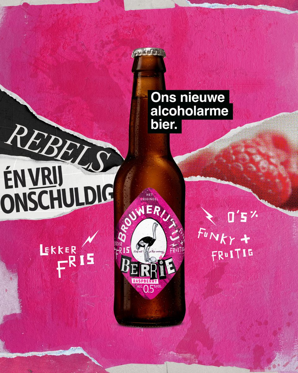 Nieuw: Berrie. Buitengewoon rebels én vrij onschuldig. Dit alcoholarme bier van 0,5% is aan de ene kant fris en fruitig door het toevoegen van framboos en aan de andere kant licht zuur en tegendraads. #brouwerijtij