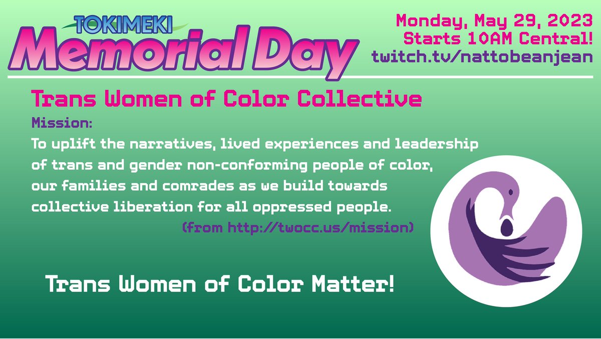 ❗️❗️❗️ a week from today ❗️❗️❗️

TOKIMEKI MEMORIAL DAY
twitch.tv/nattobeanjean

I’ll be streaming Tokimeki Memorial on Memorial Day, all day from 10AM Central, and fundraising for <a href="/TWOCCNYC/">Trans Women of Color Collective</a>!! 🏳️‍⚧️ come hang out and help me date girls for trans rights!!!