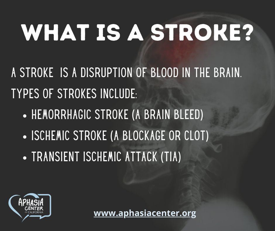 aphasia_acc's tweet photo. What is a stroke? Why does it have so many names? There are different types of strokes. They can happen anywhere in the brain and cause a variety of symptoms. The bottom line? A stroke is a disruption of blood supply in the brain. #aphasia #aphasiastrong https://t.co/m2TQ9BS0OM