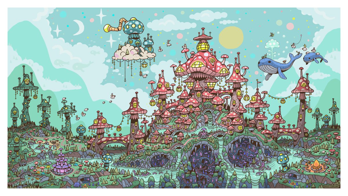How it started vs How its going 

 <a href="/BokiNFT/">Boki</a> Mushroom Meadow development! This was my first fully digital world building illustration done on <a href="/wacom/">Wacom</a> Cintiq! Really cool to be able to draw and color at the same time! Very comfortable with this process now! BEST IS YET TO COME! 👽