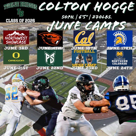 ColtonHogge75's tweet photo. The schedule is set! Looking forward to a great month of June & competing! π¦β«οΈπ’π @BeaverFootball @FBCoachM @CalFootball @SanJoseStateFB @CoachOglesby @oregonfootball @coach_cavanaugh @psuviksFB @MattLeunen @UNC_BearsFB @Patterson_spenc #nwshowcase #megacamp #rhinorecruiting https://t.co/geEdsmRQpo