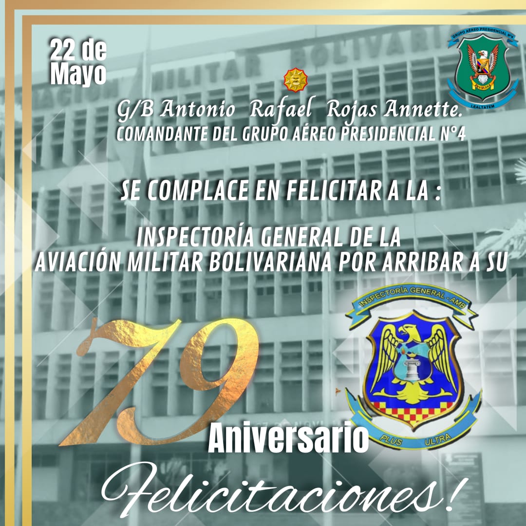 GAPN4FANB's tweet photo. #22May || Nos Honramos en felicitar a la @AmbInspectoria  por arribar en sus 79°Aniversario con el fin de exaltar el trabajo de las Damas y Caballeros del Aire,que trabajan día a día por el Honor y Disciplina de los  integrantes de la @Ambfanb
¡FELICIDADES! 
#En Alas Venceremos https://t.co/vwujx8B35m