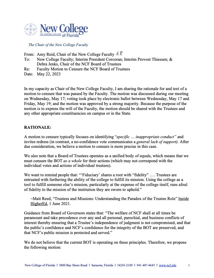 NCFEduFreedom's tweet photo. NCF faculty votes to censure the New College of Florida Board of Trustees: https://t.co/qEo571KSU7