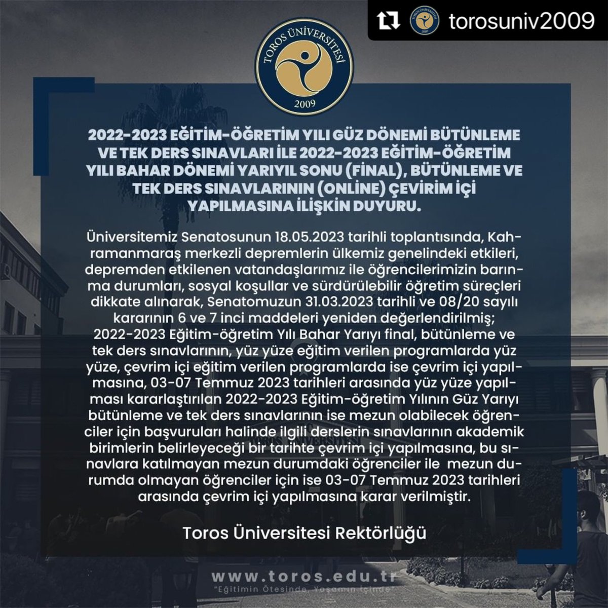 profomerarioz's tweet photo. Sevgili öğrencilerim ;
・・・
2022-2023 Eğitim-Öğretim Yılı Güz Dönemi Bütünleme ve Tek Ders Sınavları ile 2022-2023 Eğitim-Öğretim Yılı Bahar Dönemi Yarıyıl Sonu (Final), Bütünleme ve Tek Ders Sınavlarının (Online) Çevirim İçi Yapılmasına İlişkin Duyuru. https://t.co/VXFvNuRhqY