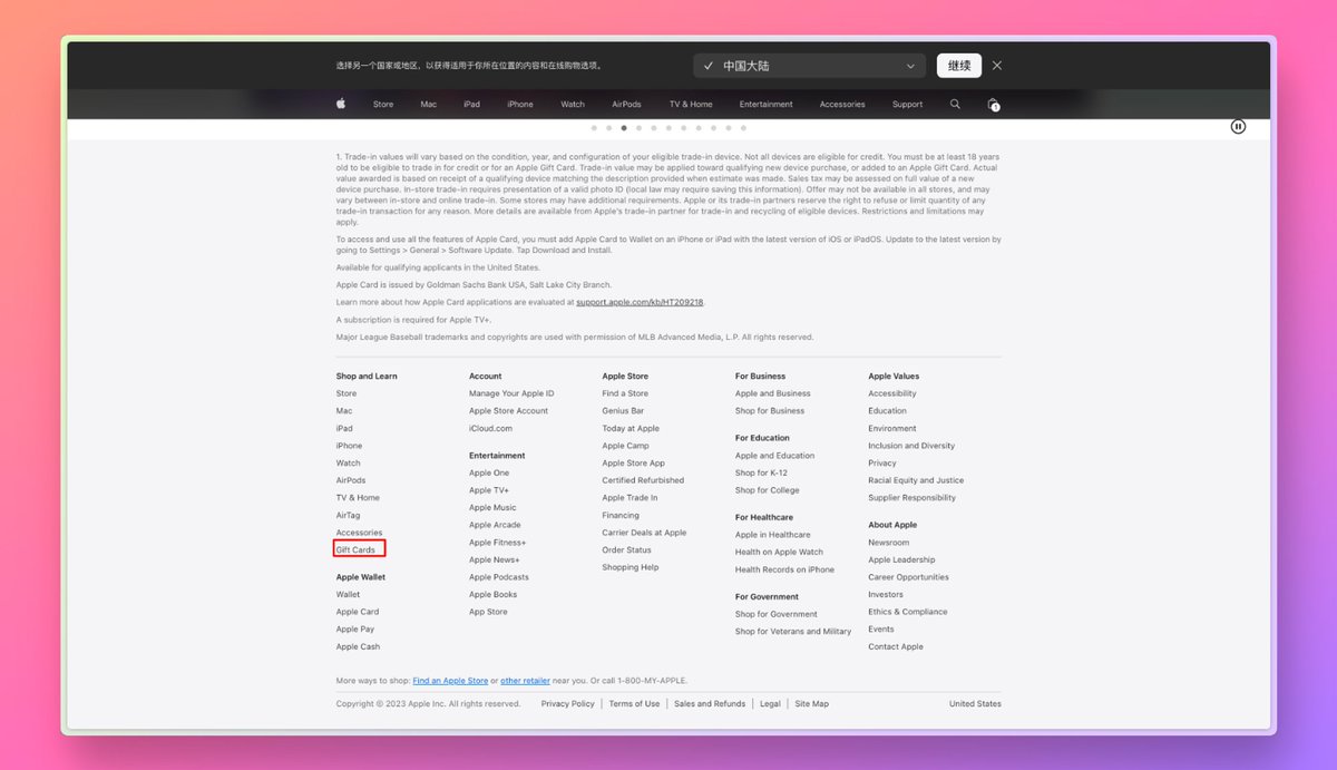 美国Apple官网的购买流程。访问Apple美国官网https://t.co/r7kZZpCB5V ，拉到最下面找到Gift  Cards，按流程购买就行。 这里登录Apple ID的时候填写你国内的ID就行。填写地址还是用上面说的美国地址生成器生成美国免税州的地址就行。这个需要你有国内的Visa卡或者Master卡  ...