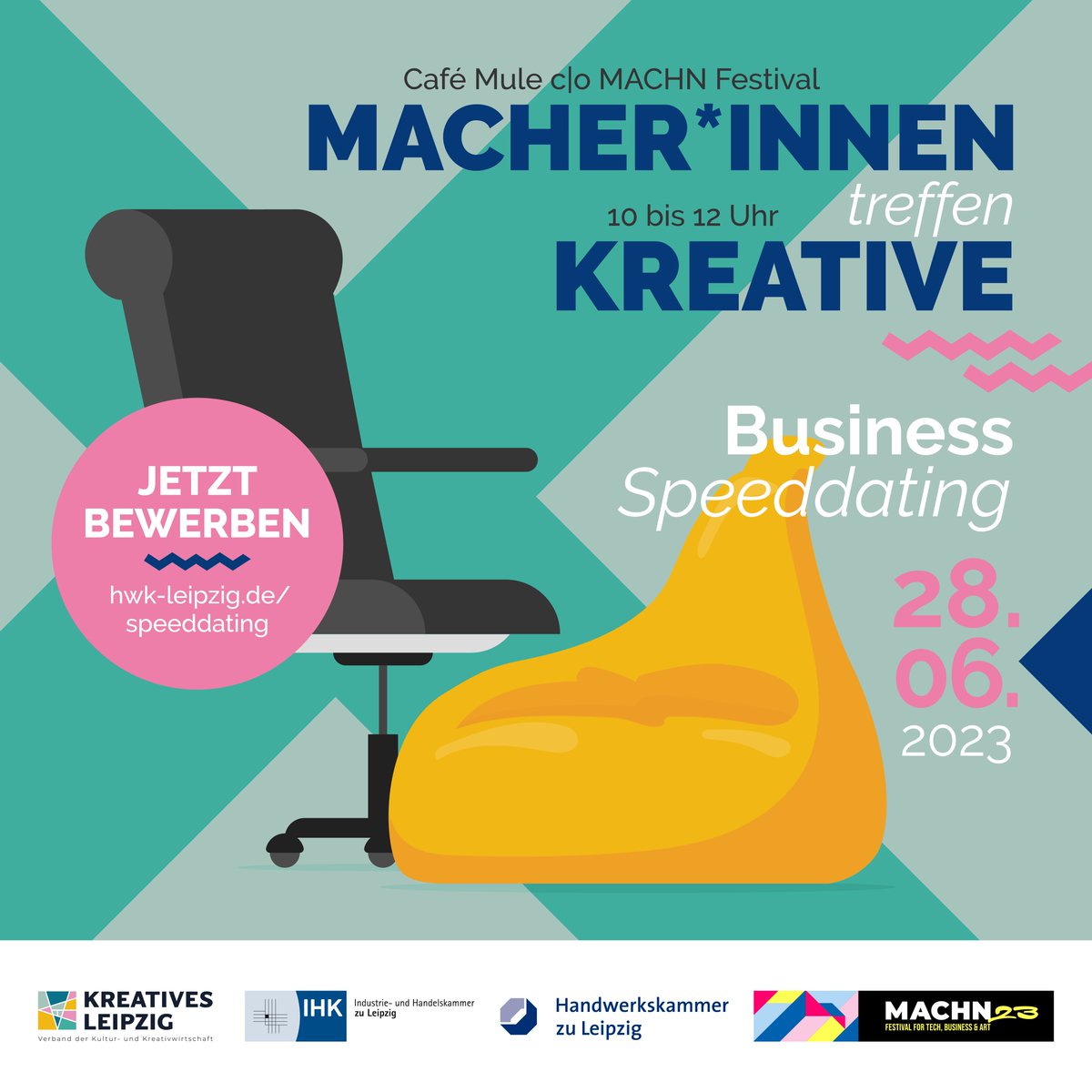 ihkzuleipzig's tweet image. Business-Speeddating auf dem MACHN Festival: Eine Networking Veranstaltung für Produzierende und Dienstleistende der Kultur- und Kreativwirtschaft.
Bewerben Sie sich über das Online-Formular bis zum 9. Juni 2023: hwk-leipzig.de/speeddating

#machn