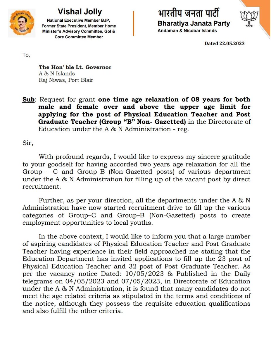 VishalJolly11's tweet photo. Requested Hon'ble Lt. Governor, A &amp; N Islands one time age relaxation of 08 years over and above the upper age limit for 
applying for the post of Physical Education Teacher and Post 
Graduate Teacher (Group “B” Non- Gazetted) in the Directorate of 
Education. https://t.co/PNkVGkfNDH