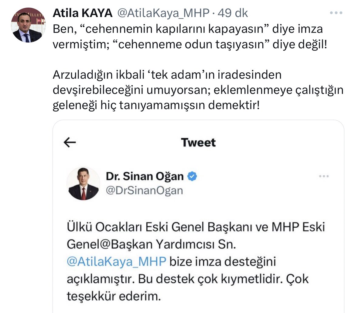 bosunatiklama's tweet photo. Eski MHP Milletvekili Atilla Kaya, Cumhur İttifakını destekleme kararı alan Sinan Oğan'a tepki gösterdi.

"Ben, “cehennemin kapılarını kapayasın” diye imza vermiştim; “cehenneme odun taşıyasın” diye değil!" https://t.co/zCEGsOKloy