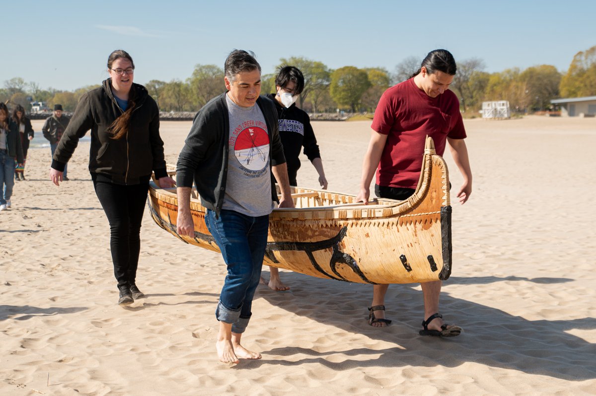 On Friday, May 5th, members of the Northwestern community gathered to watch the hand-crafted wiigwaasi-jiimaan (birch bark canoe) take a trip into Lake Michigan. 

The canoe has been given a permanent home in the Segal Visitors Center lobby – be sure to take a visit soon!