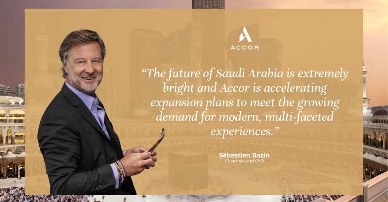 Accor's tweet photo. With a 30-year presence in the Kingdom, we are proud to share that the Group counts now 42 properties in Saudi Arabia 🇸🇦, with a strong pipeline of 56 properties in development! We are committed to support #SaudiArabiaVision2030. Find out more 👇
