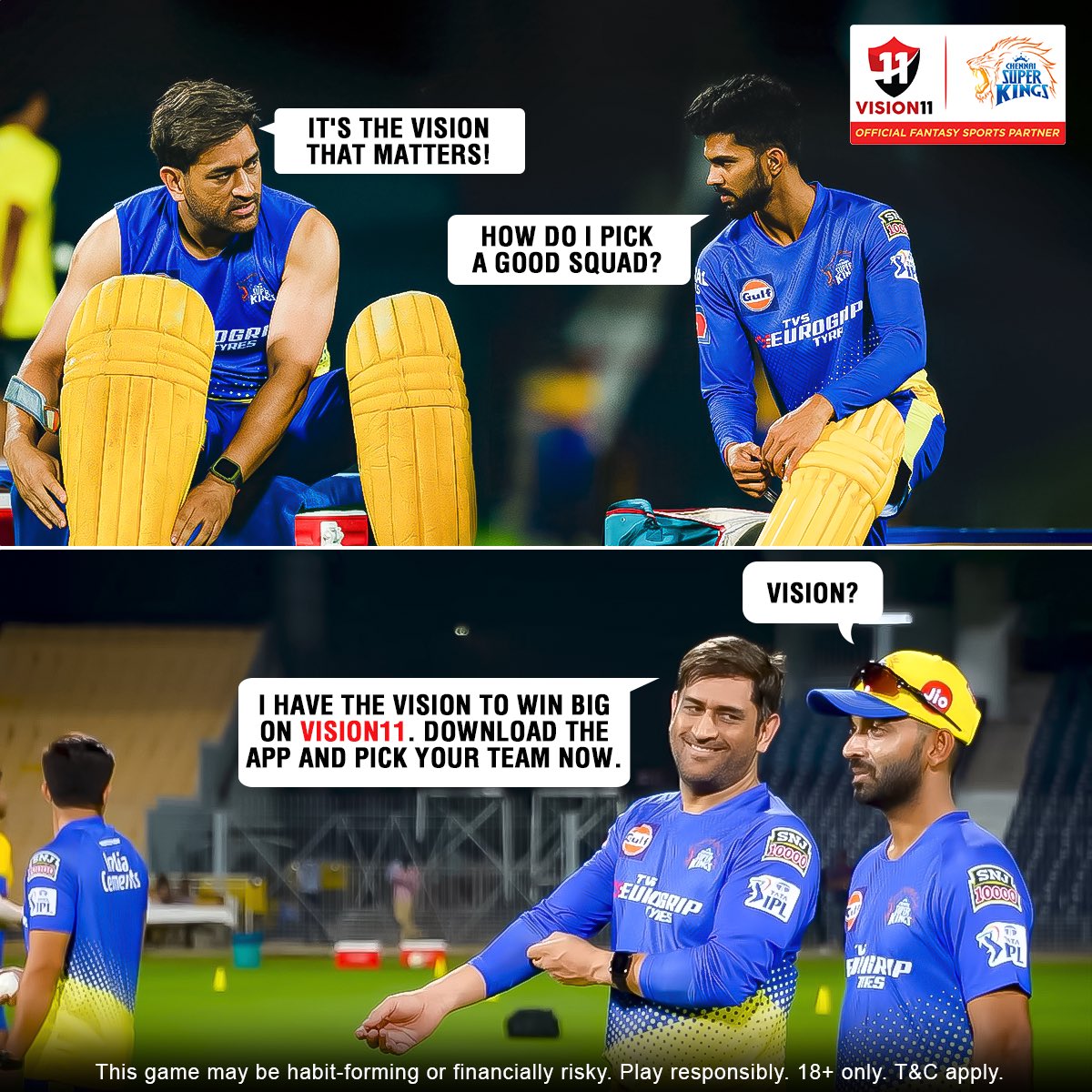 ChennaiIPL's tweet image. When MS Dhoni speaks, we all know what to do 😌

👉 We listen, we follow, and we win 💛

Pick your 1️⃣1️⃣ for #Qualifier1 on the Official Vision11 app now 🏆📲

#Vision11 #GTvCSK #WhistlePodu 🦁💛 @Vision11ofc