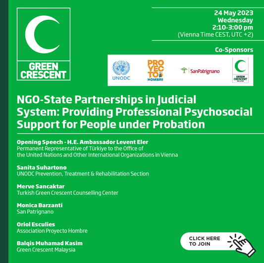 Join <a href="/1920yesilay/">Yeşilay</a>'s <a href="/CCPCJ/">CCPCJ</a> side event on "NGO State Partnerships in #Judicial System: Providing Professional #Psychosocial Support for People under #Probation" 

🗓️24 May 2023 
⏰14:10-15:00 CEST
🔗yesilay-org-tr.zoom.us/j/86001101519#…

#CCPCJ32