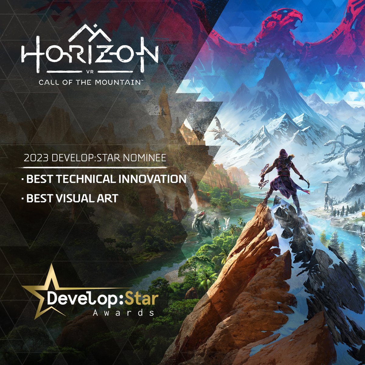 Horizon Call of the Mountain, developed by Guerrilla and <a href="/FirespriteGames/">Firesprite</a>, has been nominated for two Develop:Star awards: Best Technical Innovation and Best Visual Art! Thank you, <a href="/developconf/">Develop:Brighton 2025</a>, and congratulations to our fellow nominees!