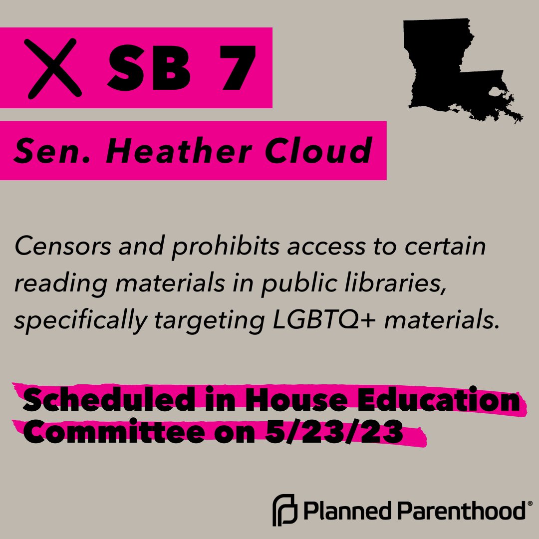 PPGulfCoast's tweet photo. Welcome to Week 7️⃣ of the Louisiana Legislative Session☀️ Here are the #BillsToWatch 👀 this week in #lalege:
❌SB 7 by Sen. Heather Cloud - Censors and prohibits access to certain reading materials in public libraries, specifically targeting LGBTQ+ materials
(🧵 cont'd) https://t.co/b9UU9SGOXG