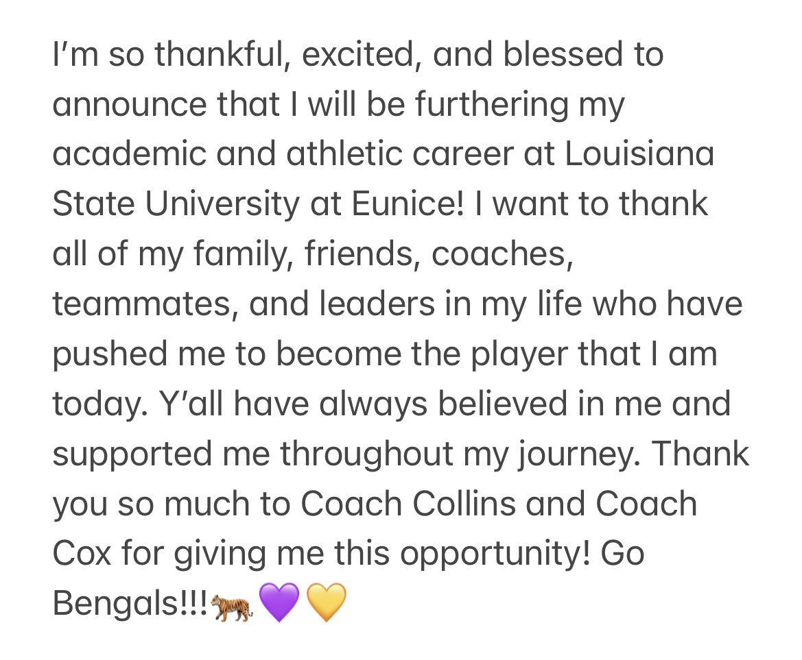 MakElisar2024's tweet image. COMMITTED!!! GO BENGALS!🐅💜💛 #lsue #lsuesoftball #bengals #committed #dreamcometrue @LSUEBengalsSB @CoachCollins_11 @coachKasey