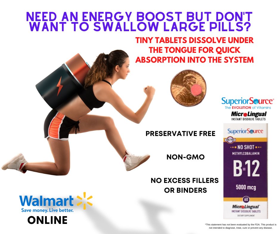 B12 is known to help with energy. Our tiny tablets dissolve under the tongue for better absorption, No water needed! #Vitamins #MicroLingual #B12 #Clean #NonGMO #Healthy #instantdissolve #energy superiorsourcevitamins.com/walmart/