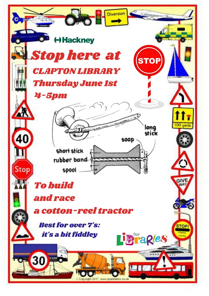 hackneylibs's tweet image. Half-Term fun at Clapton Library:
Join us on Thursday 1st June at 4.00-5.00 to build and race a cotton-reel racer.    (This activity is probably suitable for children aged 7 and above.  It&apos;s a bit fiddly)  #ClaptonLibrary #HalfTermFun  #HackneyLibraries
Phone: 020 8356 7480