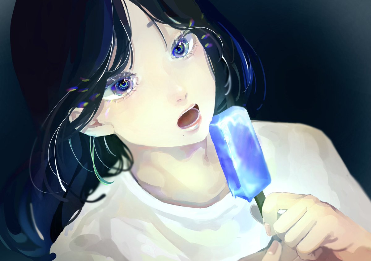 1girl food solo open mouth popsicle black hair blue eyes  illustration images
